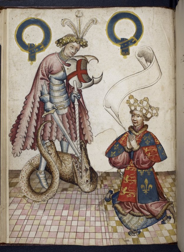 The Garter King of Arms Kneeling before St George in British Library MS Stowe 594, f. 5v.