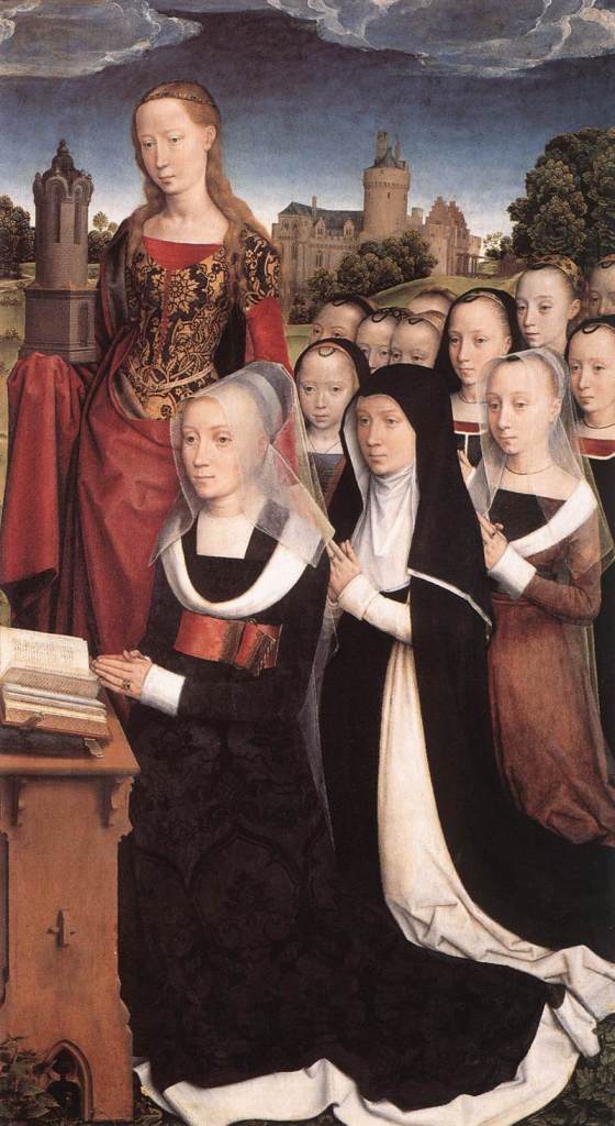 Panel of a triptych showing the Moreel Family by Hans Memling (1484). Barbara Moreel wears a truncated henin and cointoise (and red girdle), while the girls behind her wear headbands with loops.