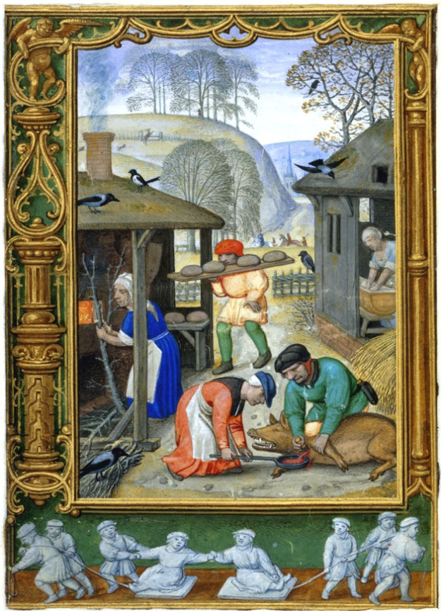 Christmas preparations on a calendar page for December in 'The Golf Book'. British Library MS Additional 24098.