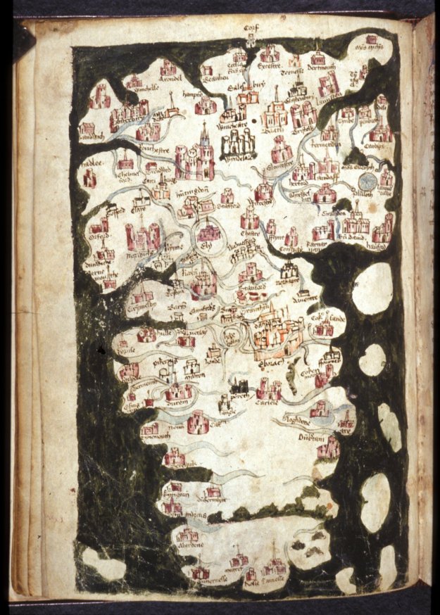 Map of Britain in British Library Harley 1808 (the map is orientated with South at the top).